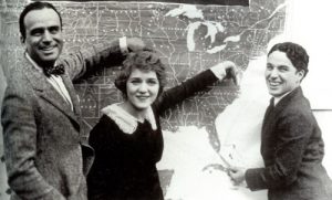 World War I era Hollywood stars Douglas Fairbanks, Mary Pickford and Charlie Chaplin on a Liberty Loan drive. The trio crisscrossed the United States in 1918 to raise money for the war effort.