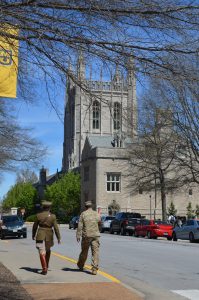 David Shuey and MSG. Justin Hardy on a tour of the Mizzou campus. The tour included a stop at the historic Memorial Union. (Anthony C. Hayes)